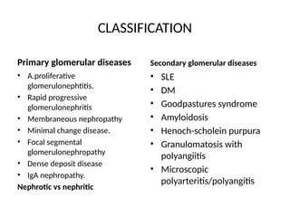 CLASSIFICATION
Primary glomerular diseases
• A.proliferative
glomerulonephtitis.
• Rapid progressive
glomerulonephritis
• Membraneous nephropathy
• Minimal change disease.
• Focal segmental
glomerulonephropathy
• Dense deposit disease
• IgA nephropathy.
Nephrotic vs nephritic
Secondary glomerular diseases
• SLE
• DM
• Goodpastures syndrome
• Amyloidosis
• Henoch-scholein purpura
• Granulomatosis with
polyangiitis
• Microscopic
polyarteritis/polyangitis
 