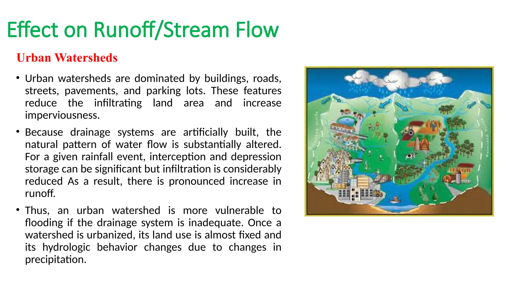 Effect on Runoff/Stream Flow
• Urban watersheds are dominated by buildings, roads,
streets, pavements, and parking lots. These features
reduce the infiltrating land area and increase
imperviousness.
• Because drainage systems are artificially built, the
natural pattern of water flow is substantially altered.
For a given rainfall event, interception and depression
storage can be significant but infiltration is considerably
reduced As a result, there is pronounced increase in
runoff.
• Thus, an urban watershed is more vulnerable to
flooding if the drainage system is inadequate. Once a
watershed is urbanized, its land use is almost fixed and
its hydrologic behavior changes due to changes in
precipitation.
Urban Watersheds
 