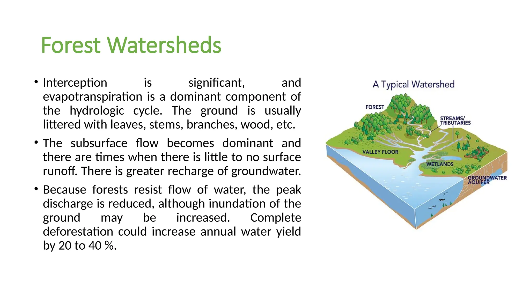 Forest Watersheds
• Interception is significant, and
evapotranspiration is a dominant component of
the hydrologic cycle. The ground is usually
littered with leaves, stems, branches, wood, etc.
• The subsurface flow becomes dominant and
there are times when there is little to no surface
runoff. There is greater recharge of groundwater.
• Because forests resist flow of water, the peak
discharge is reduced, although inundation of the
ground may be increased. Complete
deforestation could increase annual water yield
by 20 to 40 %.
 