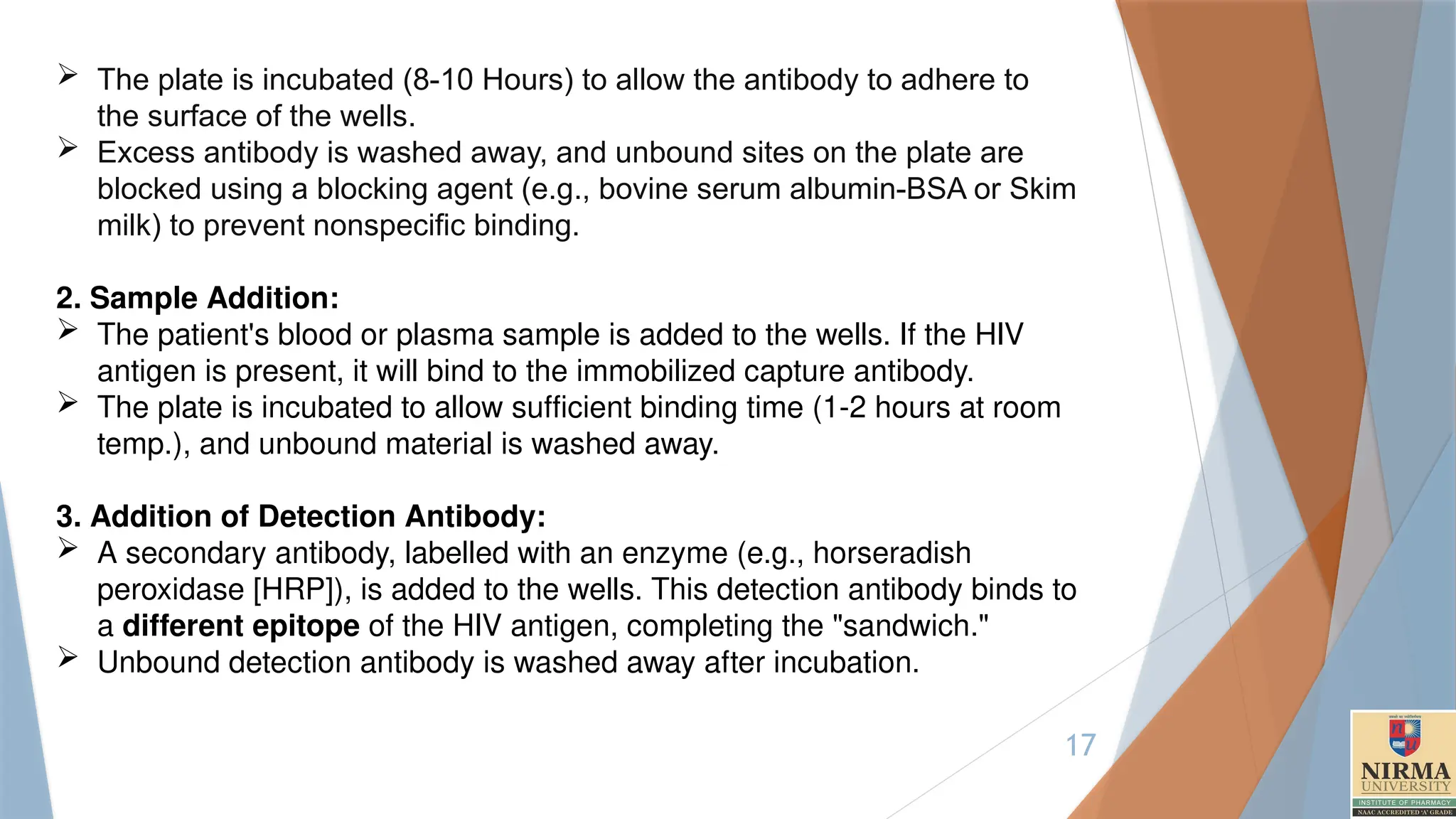 17
 The plate is incubated (8-10 Hours) to allow the antibody to adhere to
the surface of the wells.
 Excess antibody is washed away, and unbound sites on the plate are
blocked using a blocking agent (e.g., bovine serum albumin-BSA or Skim
milk) to prevent nonspecific binding.
2. Sample Addition:
 The patient's blood or plasma sample is added to the wells. If the HIV
antigen is present, it will bind to the immobilized capture antibody.
 The plate is incubated to allow sufficient binding time (1-2 hours at room
temp.), and unbound material is washed away.
3. Addition of Detection Antibody:
 A secondary antibody, labelled with an enzyme (e.g., horseradish
peroxidase [HRP]), is added to the wells. This detection antibody binds to
a different epitope of the HIV antigen, completing the "sandwich."
 Unbound detection antibody is washed away after incubation.
 