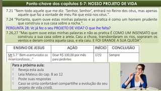 06:13 PM
29
Ponto-chave dos capítulos 5-7: NOSSO PROJETO DE VIDA
7.21 “Nem todo aquele que me diz: ‘Senhor, Senhor’, entrará no Reino dos céus, mas apenas
aquele que faz a vontade de meu Pai que está nos céus.".
7.24 "Portanto, quem ouve estas minhas palavras e as pratica é como um homem prudente
que construiu a sua casa sobre a rocha.".
PERGUNTA 28: Vc já fez o seu PROJETO DE VIDA? O que lhe falta?
7.26,27 “Mas quem ouve estas minhas palavras e não as pratica É COMO UM INSENSATO que
construiu a sua casa sobre a areia. Caiu a chuva, transbordaram os rios, sopraram os
ventos e deram contra aquela casa, e ela caiu. E FOI GRANDE A SUA QUEDA".
Para a próxima aula:
📍 Reveja esta aula
📍 Leia Mateus do cap. 8 ao 12
📍 Poste suas respostas
📍 Caso se sinta confortável compartilhe a evolução do seu
projeto de vida cristã.
 
