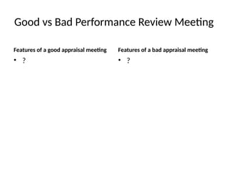 Good vs Bad Performance Review Meeting
Features of a good appraisal meeting
• ?
Features of a bad appraisal meeting
• ?
 