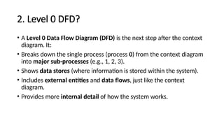 2. Level 0 DFD?
• A Level 0 Data Flow Diagram (DFD) is the next step after the context
diagram. It:
• Breaks down the single process (process 0) from the context diagram
into major sub-processes (e.g., 1, 2, 3).
• Shows data stores (where information is stored within the system).
• Includes external entities and data flows, just like the context
diagram.
• Provides more internal detail of how the system works.
 