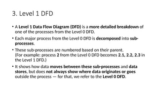 3. Level 1 DFD
• A Level 1 Data Flow Diagram (DFD) is a more detailed breakdown of
one of the processes from the Level 0 DFD.
• Each major process from the Level 0 DFD is decomposed into sub-
processes.
• These sub-processes are numbered based on their parent.
(For example: process 2 from the Level 0 DFD becomes 2.1, 2.2, 2.3 in
the Level 1 DFD.)
• It shows how data moves between these sub-processes and data
stores, but does not always show where data originates or goes
outside the process — for that, we refer to the Level 0 DFD.
 