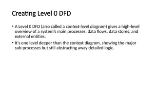Creating Level 0 DFD
• A Level 0 DFD (also called a context-level diagram) gives a high-level
overview of a system’s main processes, data flows, data stores, and
external entities.
• It's one level deeper than the context diagram, showing the major
sub-processes but still abstracting away detailed logic.
 