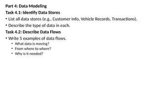 Part 4: Data Modeling
Task 4.1: Identify Data Stores
• List all data stores (e.g., Customer Info, Vehicle Records, Transactions).
• Describe the type of data in each.
Task 4.2: Describe Data Flows
• Write 5 examples of data flows.
• What data is moving?
• From where to where?
• Why is it needed?
 