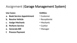 Assignment (Garage Management System)
Use Cases:
a. Book Service Appointment
b. Receive Vehicle
c. Assign Mechanic
d. Perform Service
e. Generate Bill
f. Process Payment
Entities:
• Customer
• Receptionist
• Mechanic
• Cashier
• Manager
 