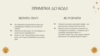 ❖ Не забувайте відсортувати дати від
найдавнішої (зверху) до актуальної
(зараз).
❖ Протягніть дати далі, на той період, на
який хочете передбачати.
❖ В якості “дат” можна брати дні, місяці,
роки, але тоді не забувайте групувати
дані
❖ З’являється дуже красивий графік - він
зрозумілий і капець який зручний
❖ Можете взяти отримане значення за
стандартне очікуване, і створити ще 2
сценарія: песимістичний та
оптимістичний. Так у вас будуть широкі
діапазони і ви завжди будете праві :)
ПРИМІТКИ ДО КОДУ
ЗВЕРНІТЬ УВАГУ ЯК РОЗУМІТИ
 
