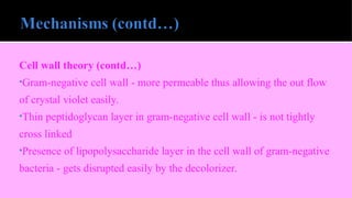 Cell wall theory (contd…)
•Gram-negative cell wall - more permeable thus allowing the out flow
of crystal violet easily.
•Thin peptidoglycan layer in gram-negative cell wall - is not tightly
cross linked
•Presence of lipopolysaccharide layer in the cell wall of gram-negative
bacteria - gets disrupted easily by the decolorizer.
 