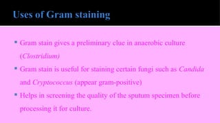  Gram stain gives a preliminary clue in anaerobic culture
(Clostridium)
 Gram stain is useful for staining certain fungi such as Candida
and Cryptococcus (appear gram-positive)
 Helps in screening the quality of the sputum specimen before
processing it for culture.
 