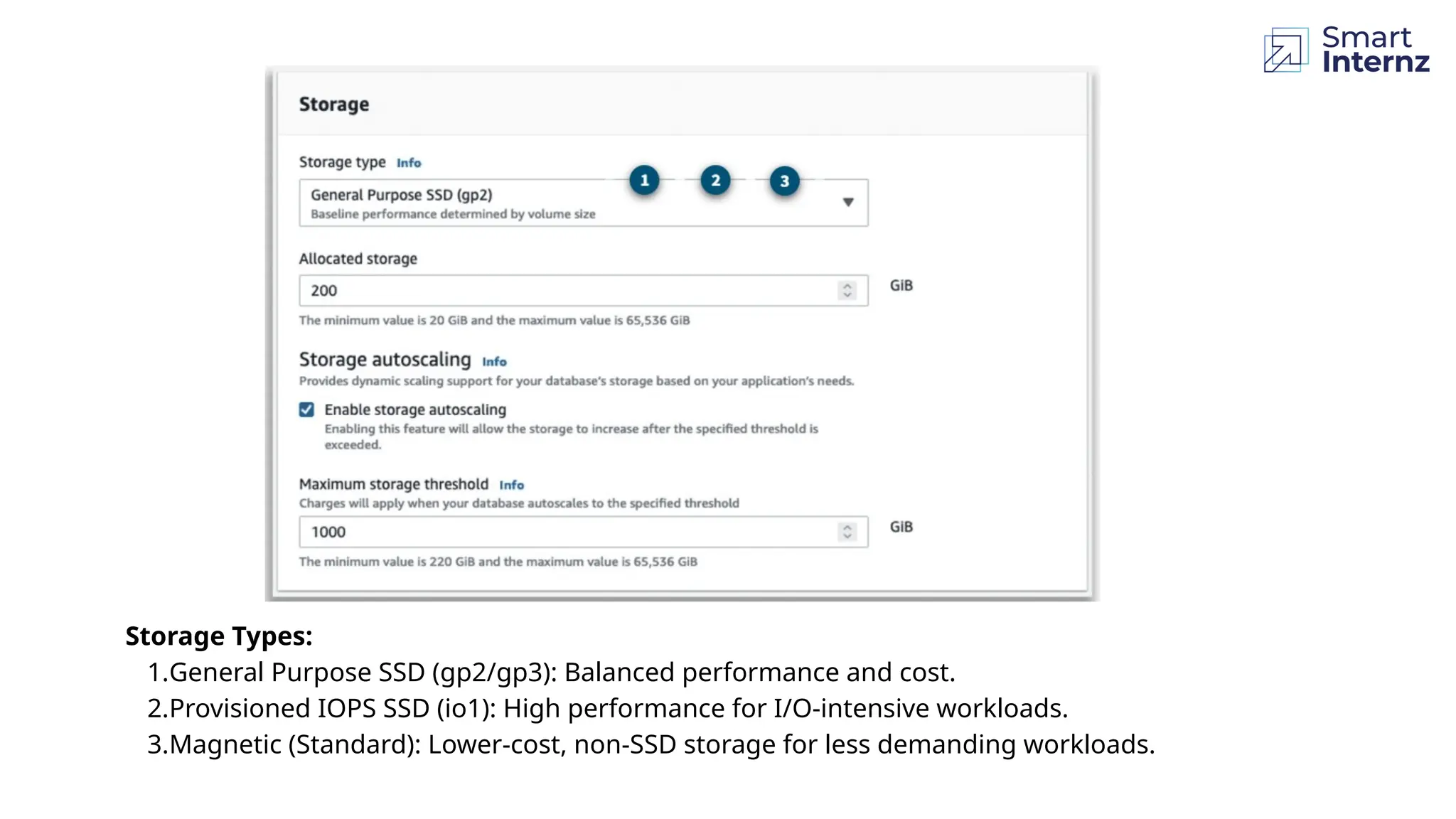Storage Types:
1.General Purpose SSD (gp2/gp3): Balanced performance and cost.
2.Provisioned IOPS SSD (io1): High performance for I/O-intensive workloads.
3.Magnetic (Standard): Lower-cost, non-SSD storage for less demanding workloads.
 