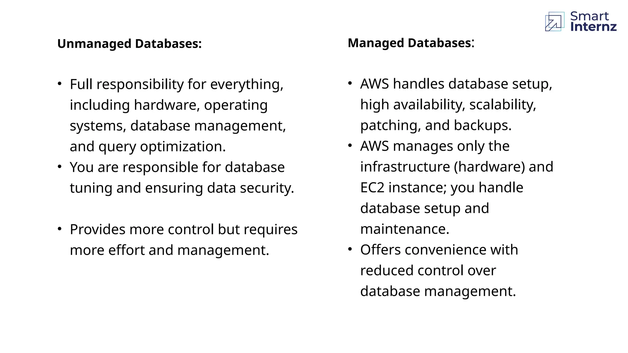 Unmanaged Databases:
• Full responsibility for everything,
including hardware, operating
systems, database management,
and query optimization.
• You are responsible for database
tuning and ensuring data security.
• Provides more control but requires
more effort and management.
Managed Databases:
• AWS handles database setup,
high availability, scalability,
patching, and backups.
• AWS manages only the
infrastructure (hardware) and
EC2 instance; you handle
database setup and
maintenance.
• Offers convenience with
reduced control over
database management.
 