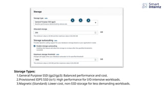 Storage Types:
1.General Purpose SSD (gp2/gp3): Balanced performance and cost.
2.Provisioned IOPS SSD (io1): High performance for I/O-intensive workloads.
3.Magnetic (Standard): Lower-cost, non-SSD storage for less demanding workloads.
 