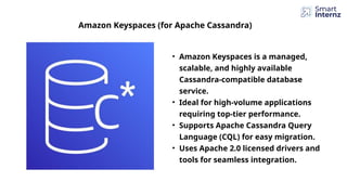 • Amazon Keyspaces is a managed,
scalable, and highly available
Cassandra-compatible database
service.
• Ideal for high-volume applications
requiring top-tier performance.
• Supports Apache Cassandra Query
Language (CQL) for easy migration.
• Uses Apache 2.0 licensed drivers and
tools for seamless integration.
Amazon Keyspaces (for Apache Cassandra)
 