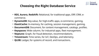 • RDS, Aurora, Redshift: Relational, for traditional apps, ERP, CRM, e-
commerce.
• DynamoDB: Key-value, for high-traffic apps, e-commerce, gaming.
• ElastiCache: In-memory, for caching, session management, gaming.
• DocumentDB: Document, for content management, catalogs, profiles.
• Keyspaces: Wide column, for industrial apps, fleet management.
• Neptune: Graph, for fraud detection, recommendations.
• Timestream: Time series, for IoT, DevOps, and telemetry.
• QLDB: Ledger, for systems of record, and transactions.
Choosing the Right Database Service
 