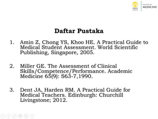 Daftar Pustaka
1. Amin Z, Chong YS, Khoo HE. A Practical Guide to
Medical Student Assessment. World Scientific
Publishing, Singapore, 2005.
2. Miller GE. The Assessment of Clinical
Skills/Competence/Performance. Academic
Medicine 65(9): S63-7,1990.
3. Dent JA, Harden RM. A Practical Guide for
Medical Teachers. Edinburgh: Churchill
Livingstone; 2012.
 
