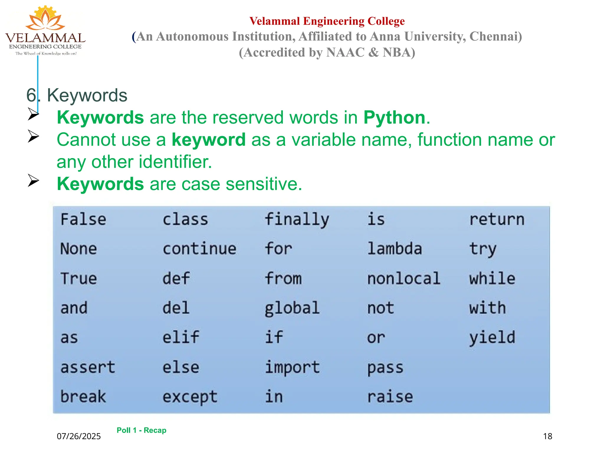 07/26/2025 18
Velammal Engineering College
(An Autonomous Institution, Affiliated to Anna University, Chennai)
(Accredited by NAAC & NBA)
6. Keywords
 Keywords are the reserved words in Python.
 Cannot use a keyword as a variable name, function name or
any other identifier.
 Keywords are case sensitive.
Poll 1 - Recap
 