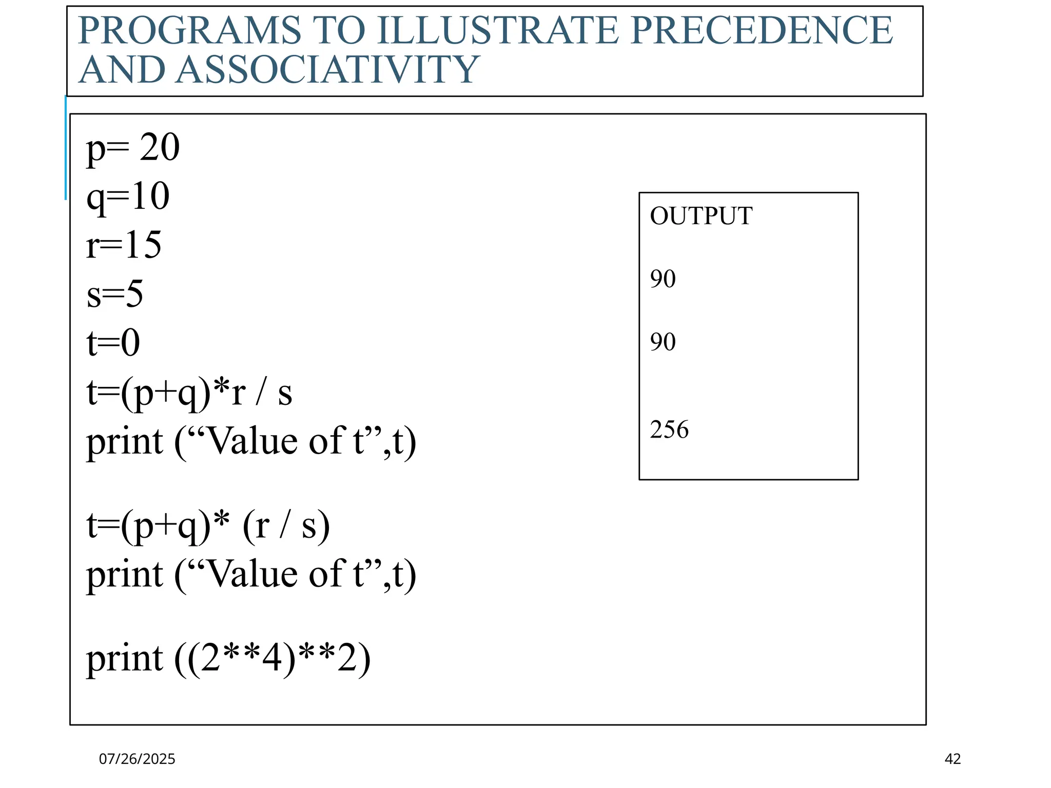 07/26/2025
PROGRAMS TO ILLUSTRATE PRECEDENCE
AND ASSOCIATIVITY
p= 20
q=10
r=15
s=5
t=0
t=(p+q)*r / s
print (“Value of t”,t)
t=(p+q)* (r / s)
print (“Value of t”,t)
print ((2**4)**2)
OUTPUT
90
90
256
42
 