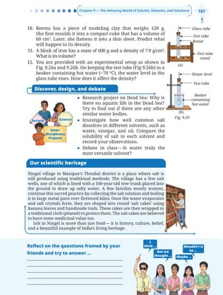 Chapter 9 — The Amazing World of Solutes, Solvents, and Solutions 151
Fig. 9.26
Glass tube
Test tube
Test tube
stand
Water
(a)
Water level
Test tube
Beaker
containing
hot water
(b)
10. Reema has a piece of modeling clay that weighs 120 g.
She first moulds it into a compact cube that has a volume of
60 cm3
. Later, she flattens it into a thin sheet. Predict what
will happen to its density.
11. A block of iron has a mass of 600 g and a density of 7.9 g/cm³.
What is its volume?
12. You are provided with an experimental setup as shown in
Fig. 9.26a and 9.26b. On keeping the test tube (Fig 9.26b) in a
beaker containing hot water (~70 °C), the water level in the
glass tube rises. How does it affect the density?
Discover, design, and debate
z Research project on Dead Sea: Why is
there no aquatic life in the Dead Sea?
Try to find out if there are any other
similar water bodies.
z Investigate how well common salt
dissolves in different solvents, such as
water, vinegar, and oil. Compare the
solubility of salt in each solvent and
record your observations.
z Debate in class—Is water truly the
most versatile solvent?
Our scientific heritage
Ningel village in Manipur’s Thoubal district is a place where salt is
still produced using traditional methods. The village has a few salt
wells, one of which is lined with a 100-year-old tree trunk placed into
the ground to draw up salty water. A few families mostly women,
continue this sacred practice by collecting the salt solution and boiling
it in large metal pans over firewood kilns. Once the water evaporates
and salt crystals form, they are shaped into round ‘salt cakes’ using
banana leaves and handmade tools. These cakes are then wrapped in
a traditional cloth (phanek) to protect them. The salt cakes are believed
to have some medicinal value too.
Salt in Ningel is more than just food— it is history, culture, belief,
and a beautiful example of India’s living heritage.
Society Science
Inter-
disciplinary
Projects
Reflect on the questions framed by your
friends and try to answer ...
.....................................................................................
.....................................................................................
.....................................................................................
.....................................................................................
.....................................................................................
I
think ...
But we
thought ... Maybe ...
Shouldn’t it
be ...
Chapter 9.indd 151
Chapter 9.indd 151 6/28/2025 5:07:07 PM
6/28/2025 5:07:07 PM
 