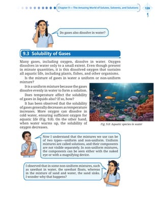 Chapter 9 — The Amazing World of Solutes, Solvents, and Solutions 139
Do gases also dissolve in water?
9.3 Solubility of Gases
Many gases, including oxygen, dissolve in water. Oxygen
dissolves in water only to a small extent. Even though present
in minute quantities, it is this dissolved oxygen that sustains
all aquatic life, including plants, fishes, and other organisms.
Is the mixture of gases in water a uniform or non-uniform
mixture?
It is a uniform mixture because the gases
dissolve evenly in water to form a solution.
Does temperature affect the solubility
of gases in liquids also? If so, how?
It has been observed that the solubility
of gases generally decreases as temperature
increases. More oxygen can dissolve in
cold water, ensuring sufficient oxygen for
aquatic life (Fig. 9.8). On the other hand,
when water warms up, the solubility of
oxygen decreases.
Now I understand that the mixtures we use can be
of two types—uniform and non-uniform. Uniform
mixtures are called solutions, and their components
are not visible separately. In non-uniform mixtures,
the components can be seen either with the naked
eye or with a magnifying device.
I observed that in some non-uniform mixtures, such
as sawdust in water, the sawdust floats, whereas
in the mixture of sand and water, the sand sinks.
I wonder why that happens?
Fig. 9.8: Aquatic species in water
Chapter 9.indd 139
Chapter 9.indd 139 6/28/2025 5:05:52 PM
6/28/2025 5:05:52 PM
 
