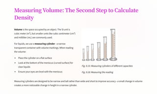 Measuring Volume: The Second Step to Calculate
Density
Volume is the space occupied by an object. The SI unit is
cubic meter (m³), but smaller units like cubic centimeter (cm³)
and milliliter (mL) are commonly used.
For liquids, we use a measuring cylinder - a narrow
transparent container with volume markings. When reading
the volume:
Place the cylinder on a flat surface
Look at the bottom of the meniscus (curved surface) for
clear liquids
Ensure your eyes are level with the meniscus
Fig. 9.15: Measuring cylinders of different capacities
Fig. 9.18: Measuring the reading
Measuring cylinders are designed to be narrow and tall rather than wide and short to improve accuracy - a small change in volume
creates a more noticeable change in height in a narrow cylinder.
 
