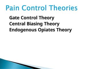 Gate Control Theory
Central Biasing Theory
Endogenous Opiates Theory
 