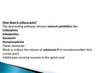 How does it reduce pain?
The descending pathway releases natural painkillers like:
Endorphins
Enkephalins
Serotonin
Norepinephrine
These chemicals:
Block or reduce the release of substance P (a neurotransmitter that
carries pain)
Inhibit pain-carrying neurons in the spinal cord
 