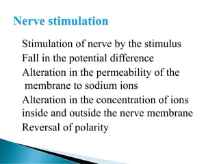 Stimulation of nerve by the stimulus
Fall in the potential difference
Alteration in the permeability of the
membrane to sodium ions
Alteration in the concentration of ions
inside and outside the nerve membrane
Reversal of polarity
 