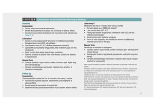 30
259
CHAPTER 22 Systemic Retinoids
Baseline
Examination

t 
$BSFGVMIJTUPSZBOEQIZTJDBMFYBNJOBUJPO

t 
*EFOUJGZUIPTFQBUJFOUTBUJODSFBTFESJTLGPSUPYJDJUZPSBEWFSTFFGGFDUT

t 
%PDVNFOUDPODPNJUBOUNFEJDBUJPOTUIBUNBZJOUFSBDUXJUISFUJOPJET TFF
Table 22.4)
Laboratorya

t 
4FSVNPSVSJOFQSFHOBODZUFTUb (in women of childbearing potential)

t 
$PNQMFUFCMPPEDPVOU $#$ XJUIQMBUFMFUT

t 
-JWFSGVODUJPOUFTUT 45-5BMLBMJOFQIPTQIBUBTF CJMJSVCJO

t 
-JQJEQSPmMFEVSJOHGBTUJOHc (triglycerides, total cholesterol, LDL and HDL
cholesterol)

t 
3FOBMGVODUJPOUFTUT CMPPEVSFBOJUSPHFO DSFBUJOJOF

t 
0QUJPOBMVSJOBMZTJT JGQBUJFOUTIBWFSFOBMEJTFBTF QSPUFJOVSJB EJBCFUFT
or hypertension)
Special Tests

t 
$POTJEFSCBTFMJOFYSBZTPGXSJTUT BOLMFTPSUIPSBDJDTQJOFJGQMBOlong-
term retinoid therapy

t 
$POTJEFSPQIUIBMNPMPHJDFYBNJOBUJPOJGQBUJFOUTIBWFBIJTUPSZPG
cataracts or retinopathy
Follow-Up
Examination
Clinical evaluation monthly for first 3–6 months, then every 3 months

t 
TTFTTNFOUPGQBUJFOUSFTQPOTF JNQSPWFNFOU BOEDPNQMBJOUTPG
adverse effects

t 
3PVUJOFQIZTJDBMFYBNJOBUJPOPGMFTJPOBMTLJO

t 
EEJUJPOBMGPDVTFEQIZTJDBMFYBNJOBUJPOPGBOZSFQPSUFEBEWFSTFFGGFDUT
Laboratorya,d
Monthly for the first 3–6 months, then every 3 months

t 
$PNQMFUFCMPPEDPVOU $#$ XJUIQMBUFMFUb

t 
-JWFSGVODUJPOUFTUT 45-5

t 
'BTUJOHMJQJETUVEJFTc (triglycerides, cholesterol–order LDL and HDL
cholesterol periodically)

t 
3FOBMGVODUJPOUFTUTe (optional urinalysis)

t 
4FSVNPSVSJOFQSFHOBODZUFTUNPOUIMZGPSXPNFOPGDIJMECFBSJOH
potential (and at end of therapy)
Special Tests
Periodically as indicated by symptoms

t 
$POTJEFSZFBSMZYSBZTPGXSJTUT BOLMFTPSUIPSBDJDTQJOFXJUIMPOHUFSN
retinoid therapy

t 
3BEJPHSBQIJDTUVEJFTPGTJHOJmDBOUMZTZNQUPNBUJDKPJOUTXJUIMPOHUFSN
therapy

t 
$PNQMFUFPQIUIBMNPMPHJDFYBNJOBUJPOJGQBUJFOUTSFQPSUWJTVBMDIBOHFT
(see text for components)
aMore frequent surveillance is needed if laboratory parameters are abnormal or with high-risk
patients
bGuidelines require two pregnancy tests before isotretinoin therapy. Isotretinoin therapy should
be initiated on the second day of next normal menstrual cycle or 11 or more days after last
unprotected intercourse
cCheck lipids after a 12 hours fast and 36 hour or longer abstinence from ethanol
dWhen isotretinoin is used for a 20 week acne course, it is reasonable to discontinue monitoring
(other than pregnancy testing) after 8-12 weeks if laboratory results have been normal and the
dose is constant in asymptomatic patients
eRenal function and hematologic tests are infrequently altered by retinoids. Consider ordering
these tests every other time laboratory testing is done
ALT, Alanine transaminase; AST, aspartate transaminase, HDL, high density lipoprotein; LDH,
lactate dehydrogenase.
Isotretinoin and Acitretin Monitoring Guidelines
’BOX 22.8
Baseline 
t 
TTFTTNFOUPGQBUJFOUDMJOJDBMSFTQPOTFBOEGPSBEWFSTFTJEFFGGFDUT
Bexarotene Monitoring Guidelines
’BOX 22.9
 