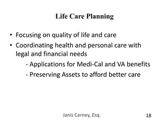 Janis Carney, Esq.16Medi-Cal Recovery1. Claim by state against assets owned by Medi-Cal recipient if single	-If single: Due at death- If married: Deferred during life of surviving spouse-No recovery if recipient has a permanently or totally disabled child of any age at time of state’s claimClaim amount is lesser of -Amount state paid for recipient on Medi-Cal-Value of assets belonging to recipient at time of death