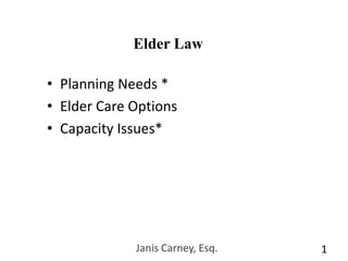 Janis Carney, Esq.1Elder LawPlanning Needs *Elder Care OptionsCapacity Issues*