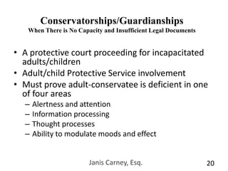Janis Carney, Esq.18Life Care PlanningFocusing on quality of life and careCoordinating health and personal care with legal and financial needs		- Applications for Medi-Cal and VA benefits		- Preserving Assets to afford better care