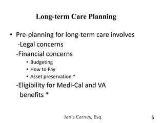 Janis Carney, Esq.5Long-term Care PlanningPre-planning for long-term care involves	 -Legal concerns	-Financial concernsBudgeting How to Pay Asset preservation *	-Eligibility for Medi-Cal and VA             benefits *
