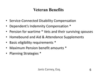 Janis Carney, Esq.6Veteran BenefitsService-Connected Disability CompensationDependent’s Indemnity Compensation *Pension for wartime * Vets and their surviving spouses Homebound and Aid & Attendance SupplementsBasic eligibility requirements *Maximum Pension benefit amounts *Planning Strategies *