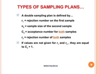 TYPES OF SAMPLING PLANS…
10
 A double sampling plan is defined by…
r1
= rejection number on the first sample
n2
= sample size of the second sample
C2
= acceptance number for both samples
r2
= rejection number of both samples
 If values are not given for r1
and r2
, they are equal
to C2
+ 1.
hjbaba@eng.ukm.my
 