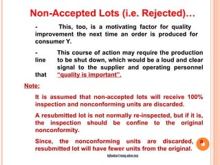 16
- This, too, is a motivating factor for quality
improvement the next time an order is produced for
consumer Y.
- This course of action may require the production
line to be shut down, which would be a loud and clear
signal to the supplier and operating personnel
that “quality is important”.
Note:
It is assumed that non-accepted lots will receive 100%
inspection and nonconforming units are discarded.
A resubmitted lot is not normally re-inspected, but if it is,
the inspection should be confine to the original
nonconformity.
Since, the nonconforming units are discarded, a
resubmitted lot will have fewer units from the original.
Non-Accepted Lots (i.e. Rejected)…
hjbaba@eng.ukm.my
 