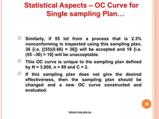 23
 Similarly, if 55 lot from a process that is 2.3%
nonconforming is inspected using this sampling plan,
36 {i.e. [(55)(0.66) = 36]} will be accepted and 19 {i.e.
(55 –36) = 19} will be unacceptable.
 This OC curve is unique to the sampling plan defined
by N = 3,000, n = 89 and C = 2.
 If this sampling plan does not give the desired
effectiveness, then the sampling plan should be
changed and a new OC curve constructed and
evaluated.
Statistical Aspects – OC Curve for
Single sampling Plan…
hjbaba@eng.ukm.my
 