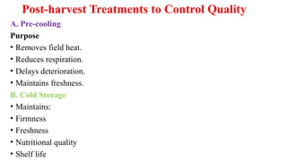 Post-harvest Treatments to Control Quality
A. Pre-cooling
Purpose
• Removes field heat.
• Reduces respiration.
• Delays deterioration.
• Maintains freshness.
B. Cold Storage
• Maintains:
• Firmness
• Freshness
• Nutritional quality
• Shelf life
 