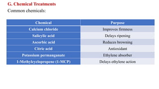 G. Chemical Treatments
Common chemicals:
Chemical Purpose
Calcium chloride Improves firmness
Salicylic acid Delays ripening
Ascorbic acid Reduces browning
Citric acid Antioxidant
Potassium permanganate Ethylene absorber
1-Methylcyclopropene (1-MCP) Delays ethylene action
 