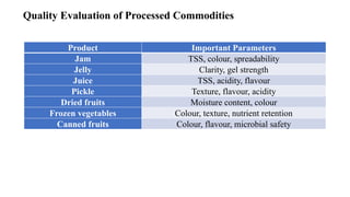 Quality Evaluation of Processed Commodities
Product Important Parameters
Jam TSS, colour, spreadability
Jelly Clarity, gel strength
Juice TSS, acidity, flavour
Pickle Texture, flavour, acidity
Dried fruits Moisture content, colour
Frozen vegetables Colour, texture, nutrient retention
Canned fruits Colour, flavour, microbial safety
 