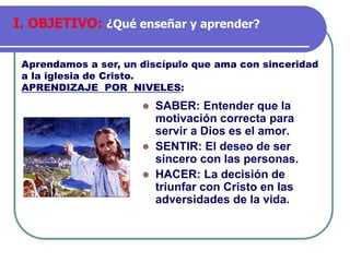 ⚫ SABER: Entender que la
motivación correcta para
servir a Dios es el amor.
⚫ SENTIR: El deseo de ser
sincero con las personas.
⚫ HACER: La decisión de
triunfar con Cristo en las
adversidades de la vida.
Aprendamos a ser, un discípulo que ama con sinceridad
a la iglesia de Cristo.
APRENDIZAJE POR NIVELES:
I. OBJETIVO: ¿Qué enseñar y aprender?
 