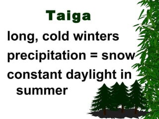 Taiga
long, cold winters
precipitation = snow
constant daylight in
  summer
 