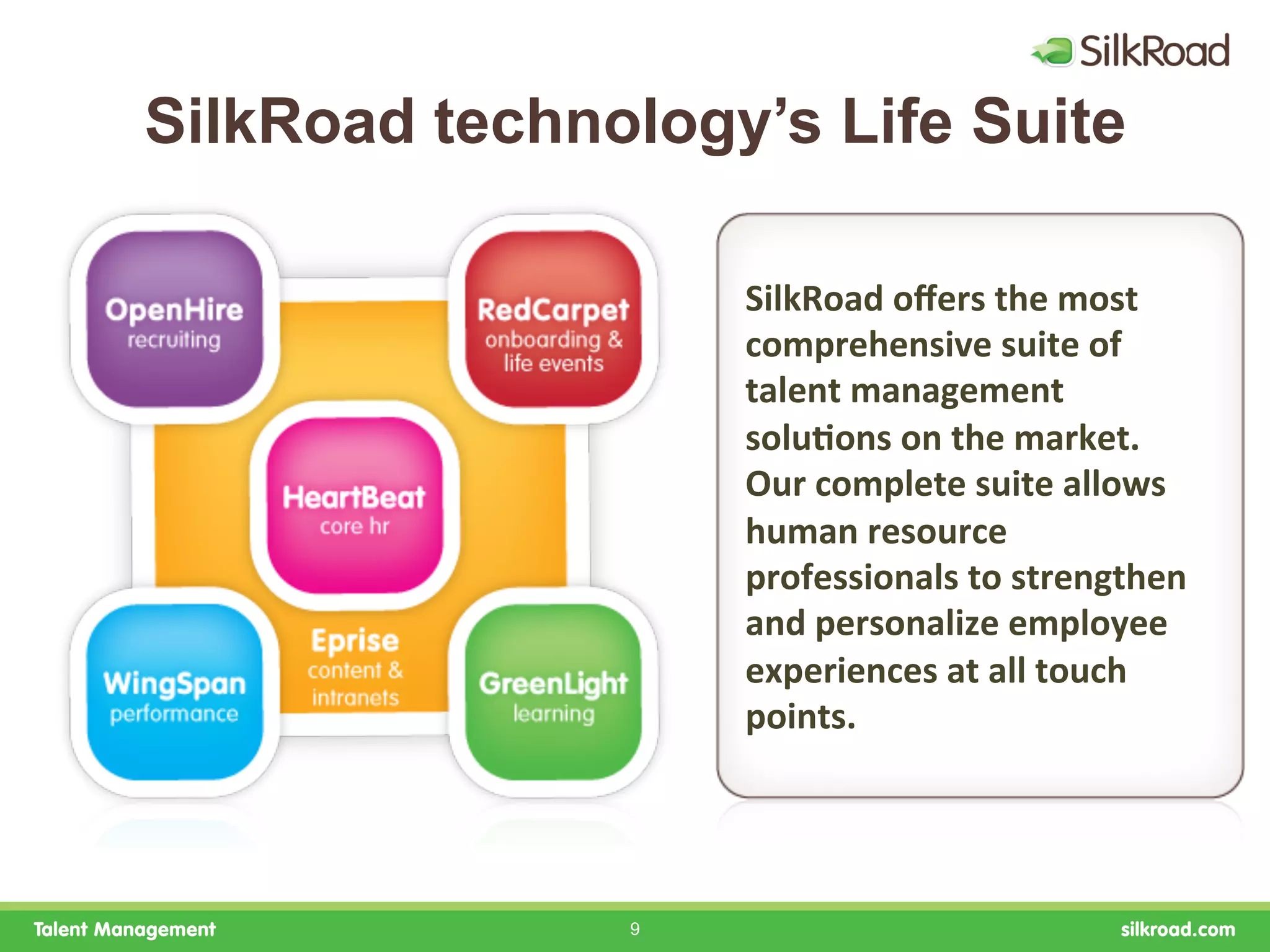 SilkRoad technology’s Life Suite

                   SilkRoad	
  oﬀers	
  the	
  most	
  
                   comprehensive	
  suite	
  of	
  
                   talent	
  management	
  
                   solu8ons	
  on	
  the	
  market.	
  
                   Our	
  complete	
  suite	
  allows	
  
                   human	
  resource	
  
                   professionals	
  to	
  strengthen	
  
                   and	
  personalize	
  employee	
  
                   experiences	
  at	
  all	
  touch	
  
                   points.	
  




               9
 