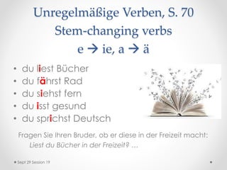 Unregelmäßige Verben, S. 70
Stem-changing verbs
e  ie, a  ä
Sept 29 Session 19
• du liest Bücher
• du fährst Rad
• du siehst fern
• du isst gesund
• du sprichst Deutsch
Fragen Sie Ihren Bruder, ob er diese in der Freizeit macht:
Liest du Bücher in der Freizeit? …
 