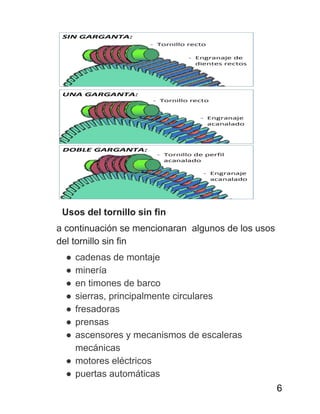 ​Usos del tornillo sin fin
a continuación se mencionaran algunos de los usos
del tornillo sin fin
● cadenas de montaje
● minería
● en timones de barco
● sierras, principalmente circulares
● fresadoras
● prensas
● ascensores y mecanismos de escaleras
mecánicas
● motores eléctricos
● puertas automáticas
6
 