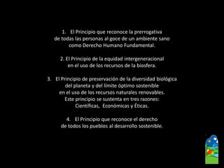 1.El Principio que reconoce la prerrogativa de todas las personas al goce de un ambiente sano como Derecho Humano Fundamental. 2. El Principio de la equidad intergeneracionalen el uso de los recursos de la biosfera. 
3.El Principio de preservación de la diversidad biológica del planeta y del límite óptimo sostenible en el uso de los recursos naturales renovables. Este principio se sustenta en tres razones: Científicas, Económicas y Éticas. 
4.El Principio que reconoce el derecho de todos los pueblos al desarrollo sostenible.  