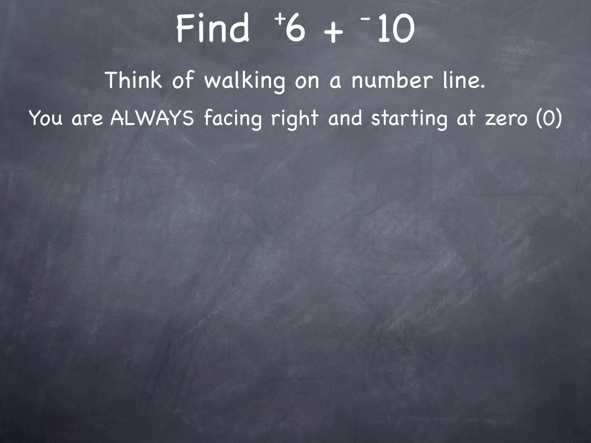 +        -
              Find 6 + 10
       Think of walking on a number line.
You are ALWAYS facing right and starting at zero (0)
 