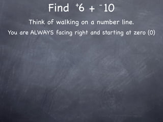 +        -
              Find 6 + 10
       Think of walking on a number line.
You are ALWAYS facing right and starting at zero (0)
 