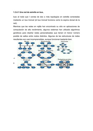 1.3.4.1 Una red de estrella en bus,
luso al nodo que l consta de dos o más topologías en estrella conectadas
mediante un bus troncal (el bus troncal funciona como la espina dorsal de la
red).
Mientras que las redes en rejilla han encontrado su sitio en aplicaciones de
computación de alto rendimiento, algunos sistemas han utilizado algoritmos
genéticos para diseñar redes personalizadas que tienen el menor número
posible de saltos entre nodos distintos. Algunas de las estructuras de redes
resultantes son casi incomprensibles, aunque funcionan bastante bien.
-+
o
 