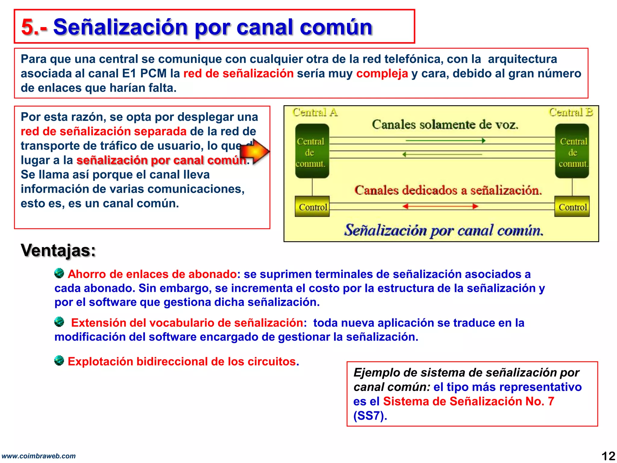 5.- Señalización por canal comúnPara que una central se comunique con cualquier otra de la red telefónica, con la  arquitectura asociada al canal E1 PCM la red de señalización sería muy compleja y cara, debido al gran número de enlaces que harían falta. Por esta razón, se opta por desplegar una red de señalización separada de la red de transporte de tráfico de usuario, lo que da lugar a la señalización por canal común. Se llama así porque el canal lleva información de varias comunicaciones, esto es, es un canal común.Ventajas:Ahorro de enlaces de abonado: se suprimen terminales de señalización asociados a cada abonado. Sin embargo, se incrementa el costo por la estructura de la señalización y por el software que gestiona dicha señalización.Extensión del vocabulario de señalización:  toda nueva aplicación se traduce en la modificación del software encargado de gestionar la señalización.Explotación bidireccional de los circuitos.Ejemplo de sistema de señalización por canal común: el tipo más representativo es el Sistema de Señalización No. 7 (SS7).12www.coimbraweb.com